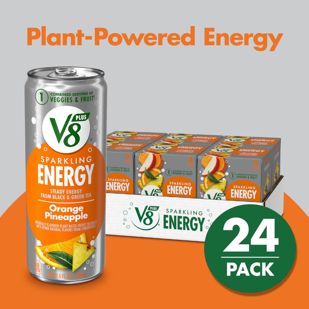 V8 +Energy pouring from a cold can to reveal vibrant orange pineapple flavor.