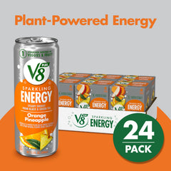 V8 +Energy pouring from a cold can to reveal vibrant orange pineapple flavor.