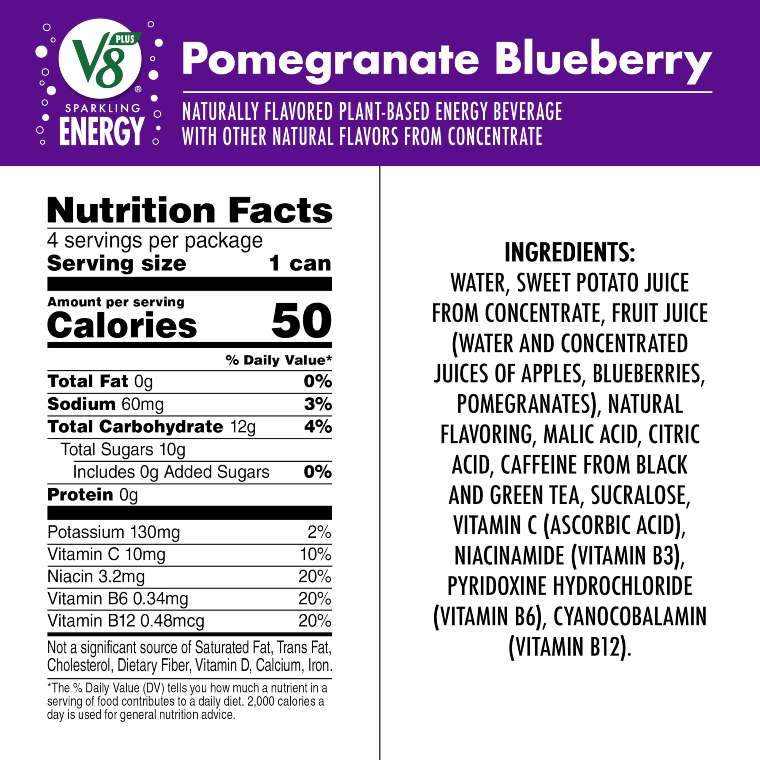 V8 +Energy Sparkling Pomegranate Blueberry can back label with caffeine and nutrition highlights