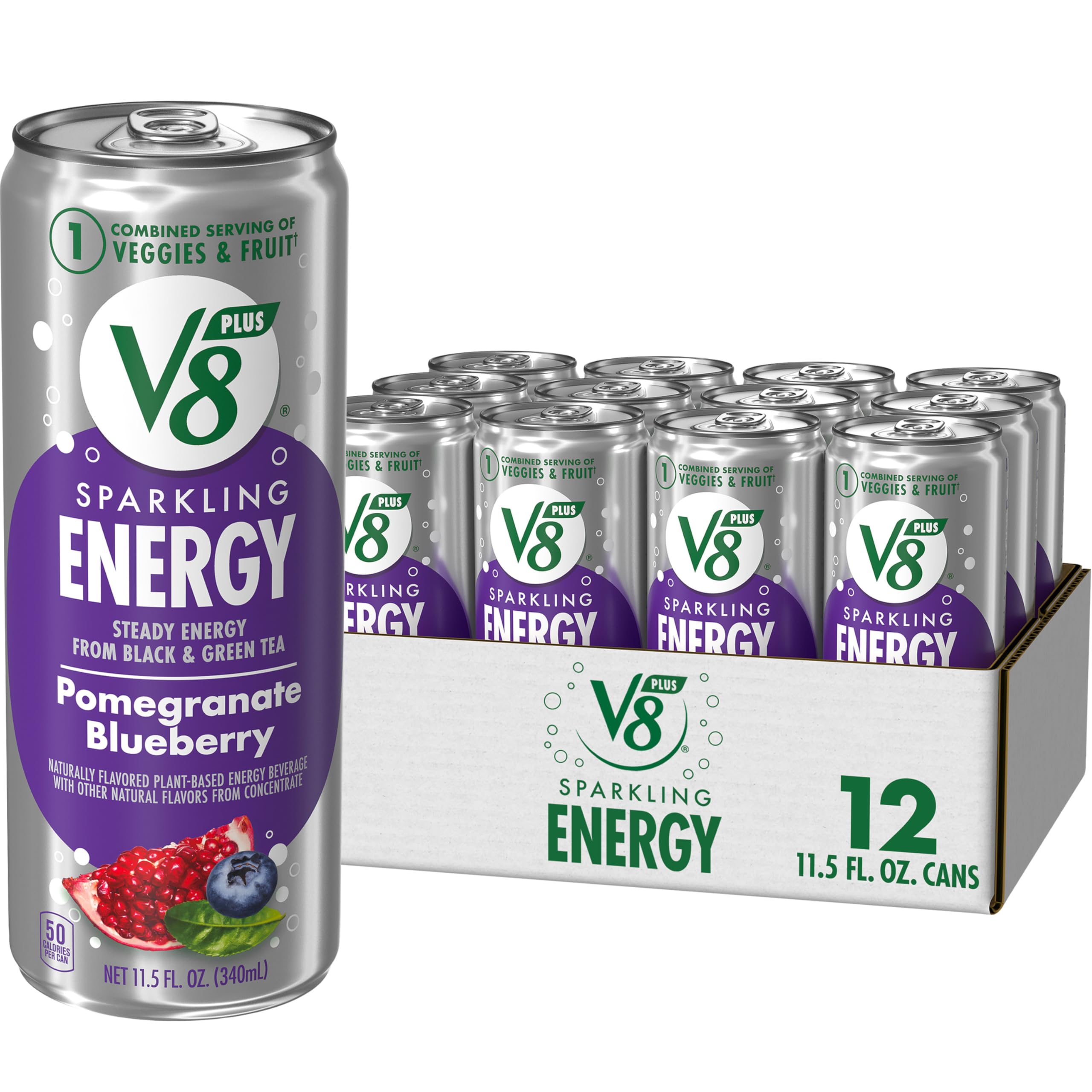 V8 +Energy sparkling can front view highlighting plant-powered caffeine boost