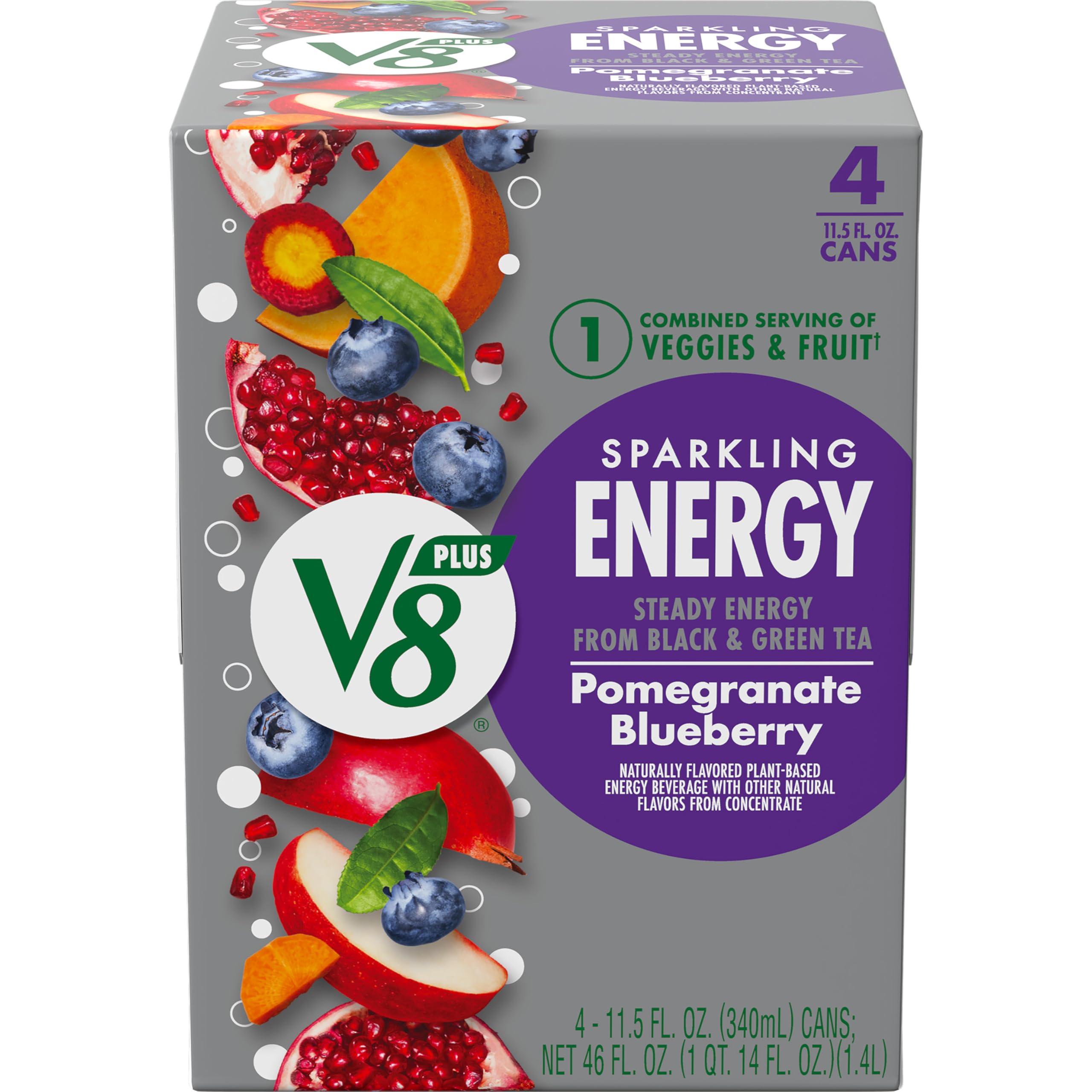 V8 +Energy Sparkling Pomegranate Blueberry can front view, plant-based energy boost