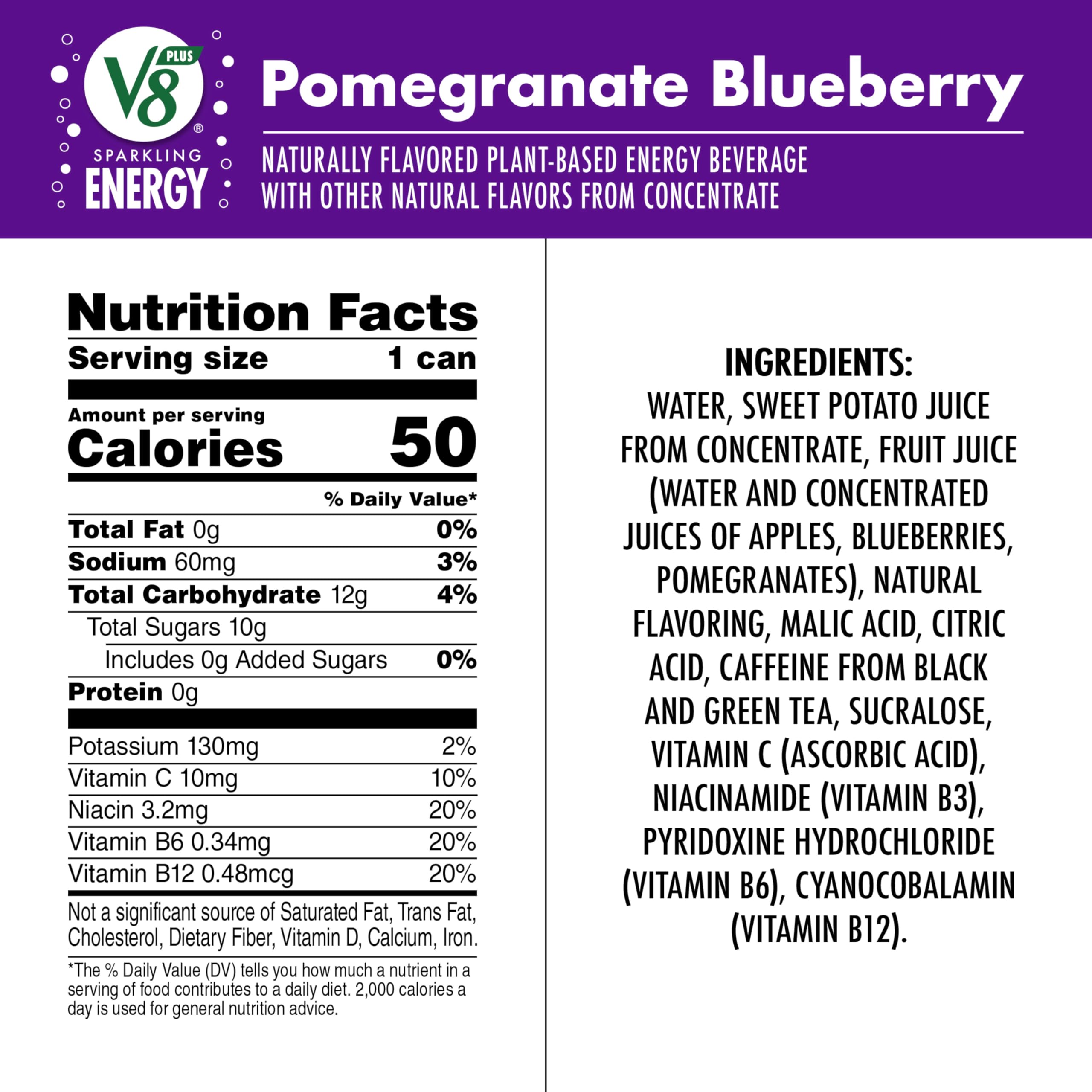 V8 +Energy sparkling can side panel showing gluten-free and non-GMO features