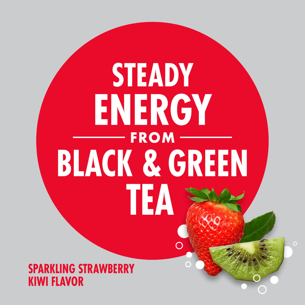 V8 +ENERGY Sparkling Strawberry Kiwi with bubbles rising in a chilled glass.