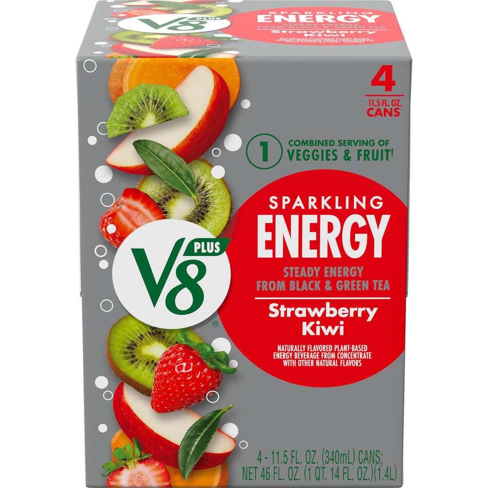 V8 +ENERGY Sparkling Strawberry Kiwi can on a bright desk, convenient plant-powered energy boost.