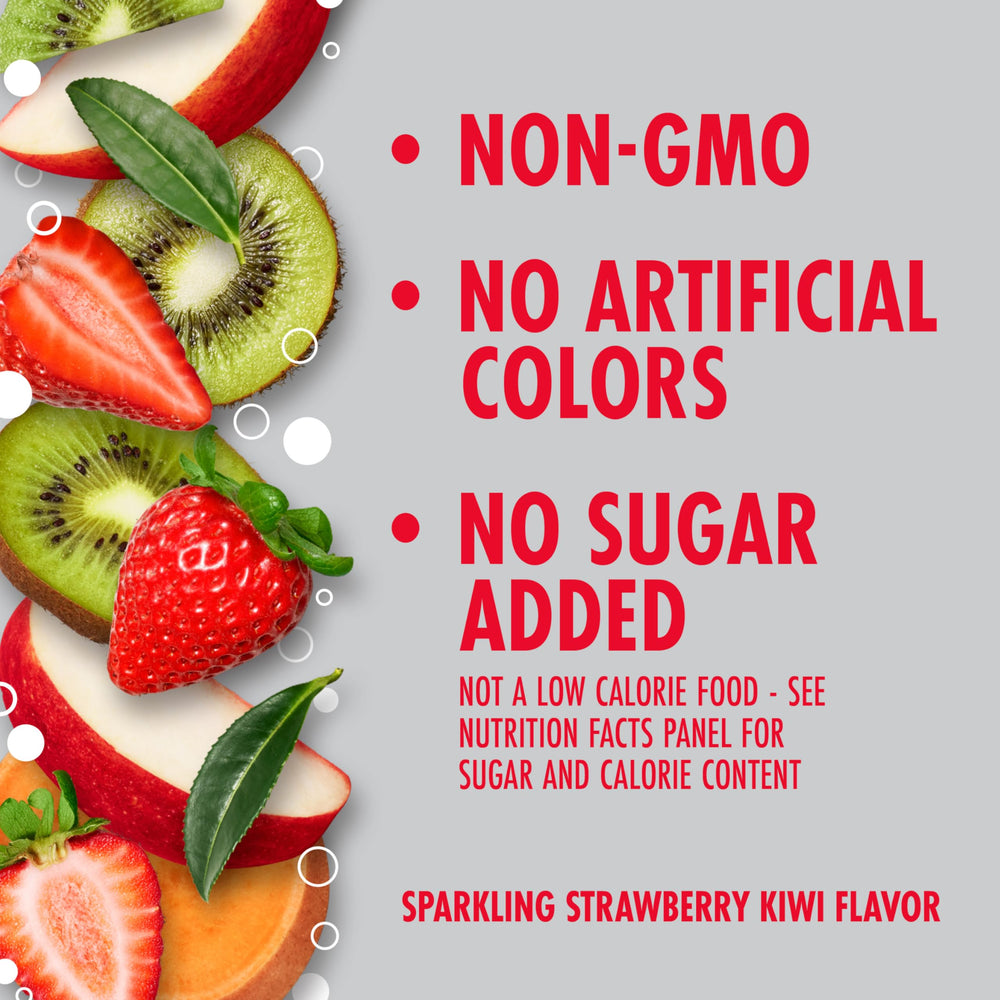 Four-pack of V8 +ENERGY Sparkling Strawberry Kiwi cans on kitchen counter.