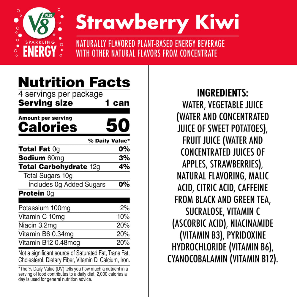 Glass of V8 +ENERGY Sparkling Strawberry Kiwi being poured for a refreshing caffeine lift.