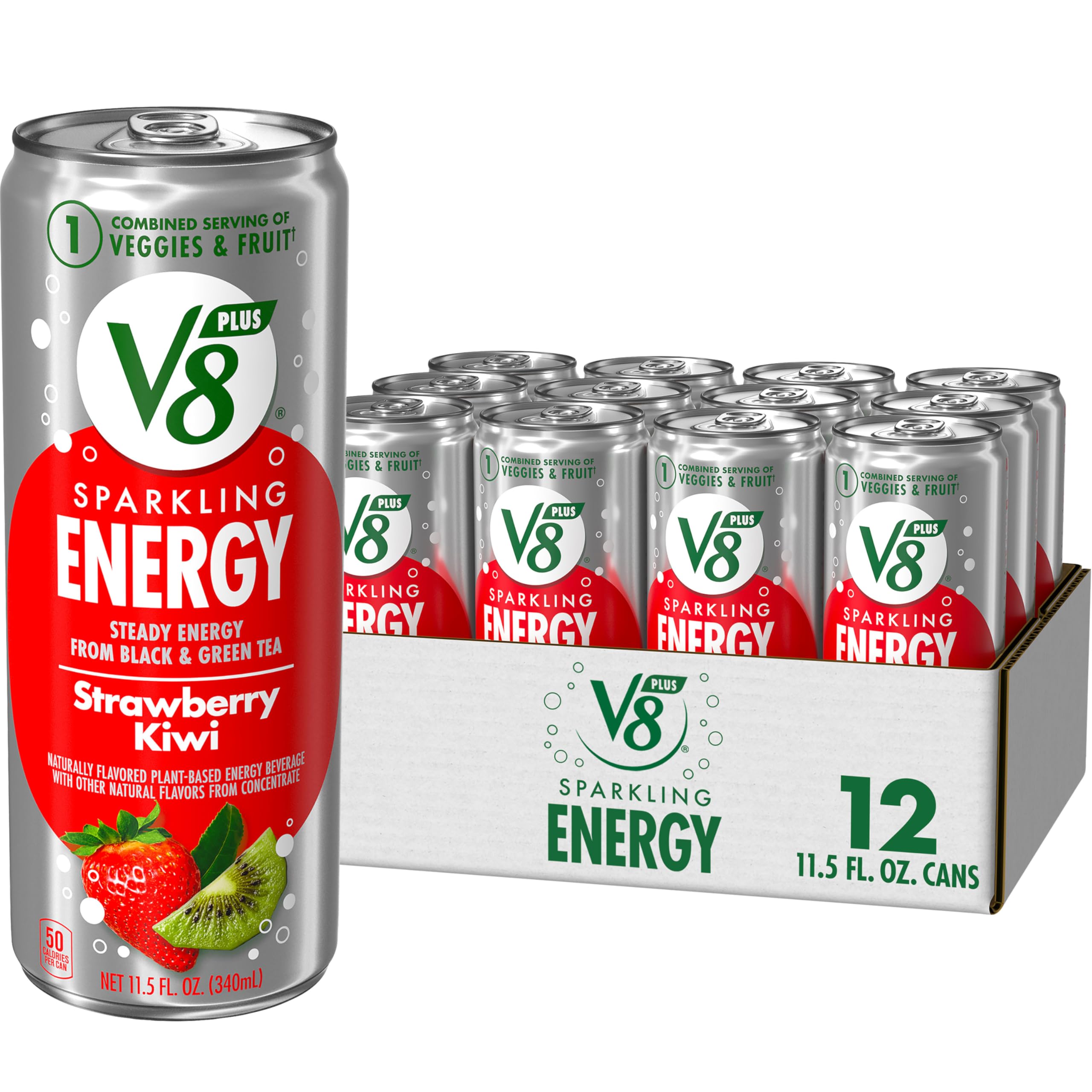 V8 +ENERGY Strawberry Kiwi can front offers plant-based energy for busy mornings.