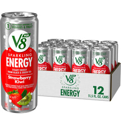 V8 +ENERGY Strawberry Kiwi can front offers plant-based energy for busy mornings.