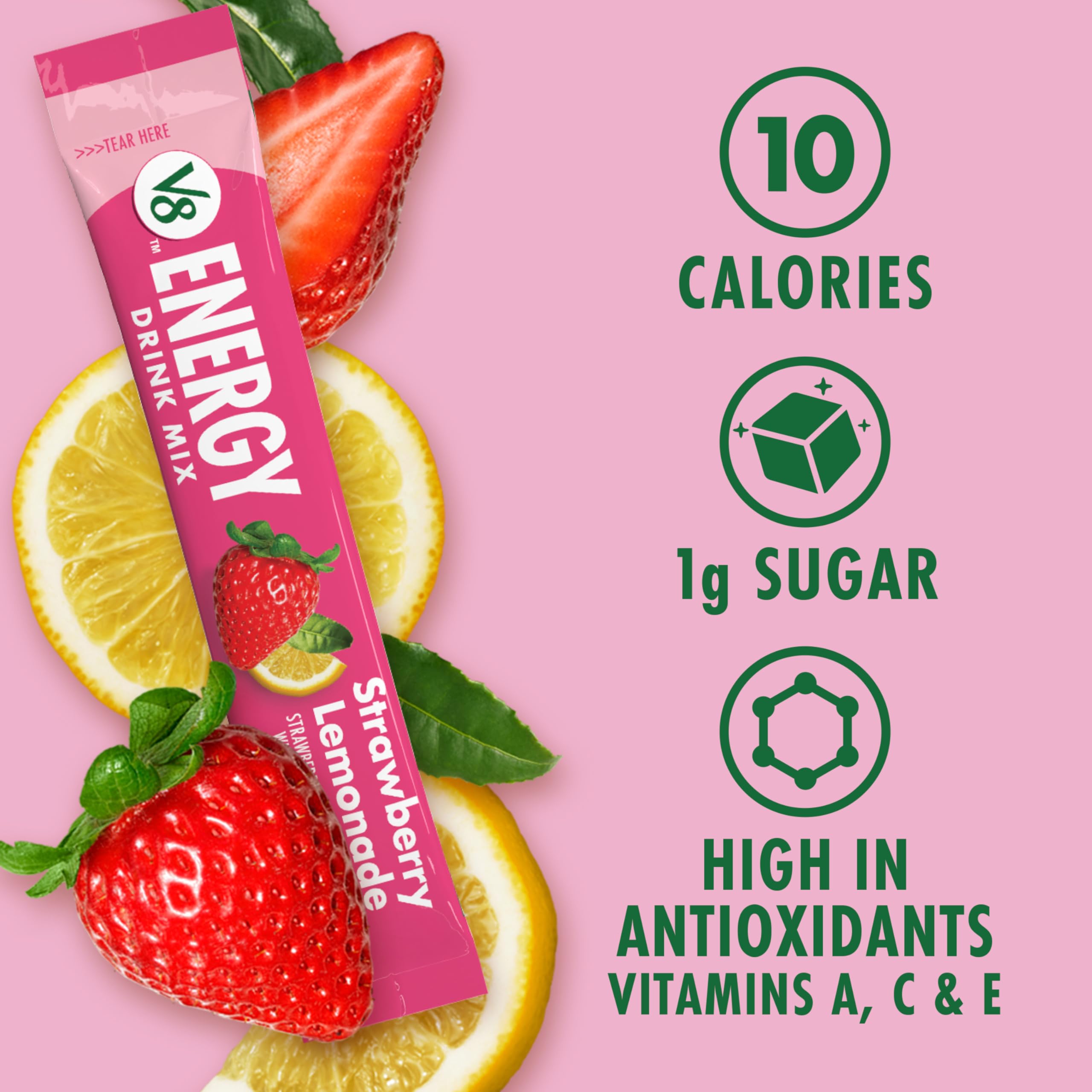 V8 Energy Strawberry Lemonade glass served with refreshing aroma and color