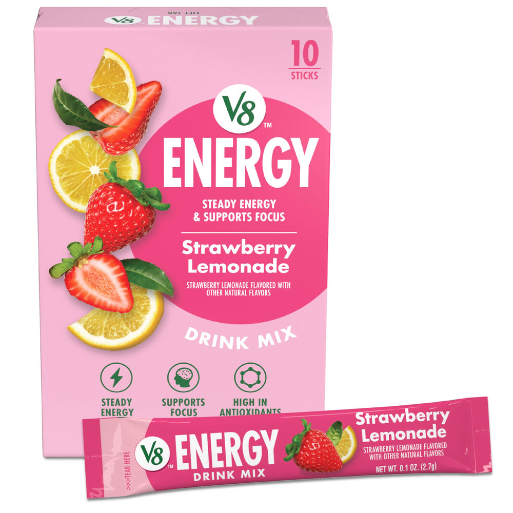 V8 Energy Strawberry Lemonade packets front view for on-the-go energy boost