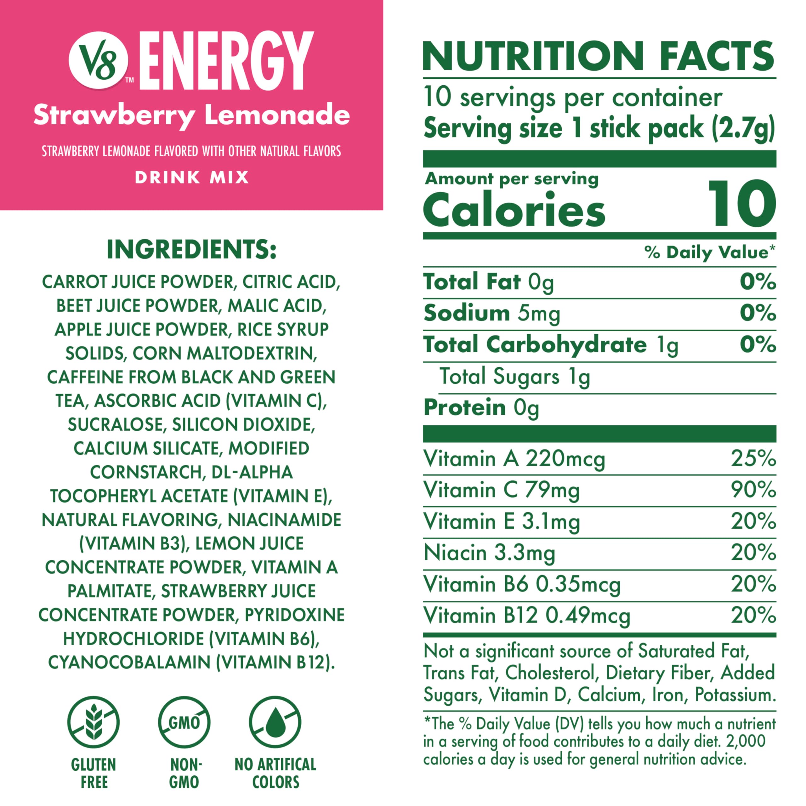 V8 Energy Strawberry Lemonade packets in a row highlight convenient 10-pack