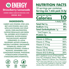 V8 Energy Strawberry Lemonade packets in a row highlight convenient 10-pack