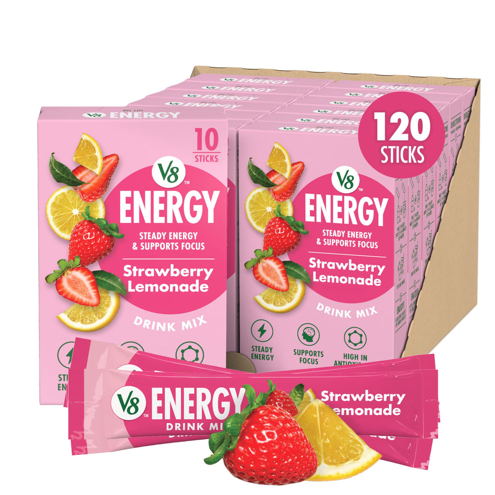 V8 Energy Strawberry Lemonade packets for quick on-the-go energy.