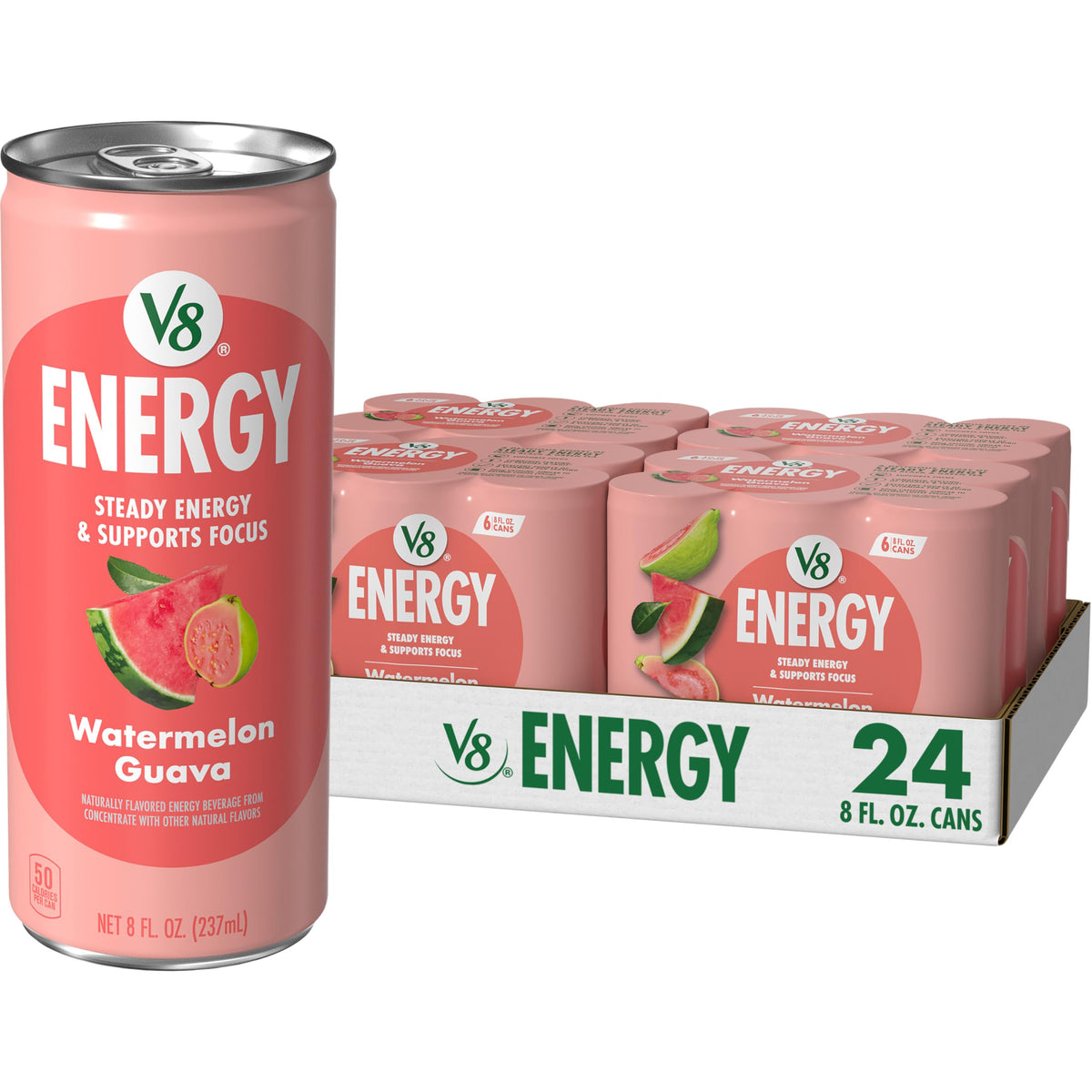 V8 Energy Watermelon Guava can front with 80 mg caffeine for focused energy