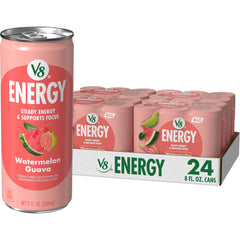 V8 Energy Watermelon Guava can front with 80 mg caffeine for focused energy