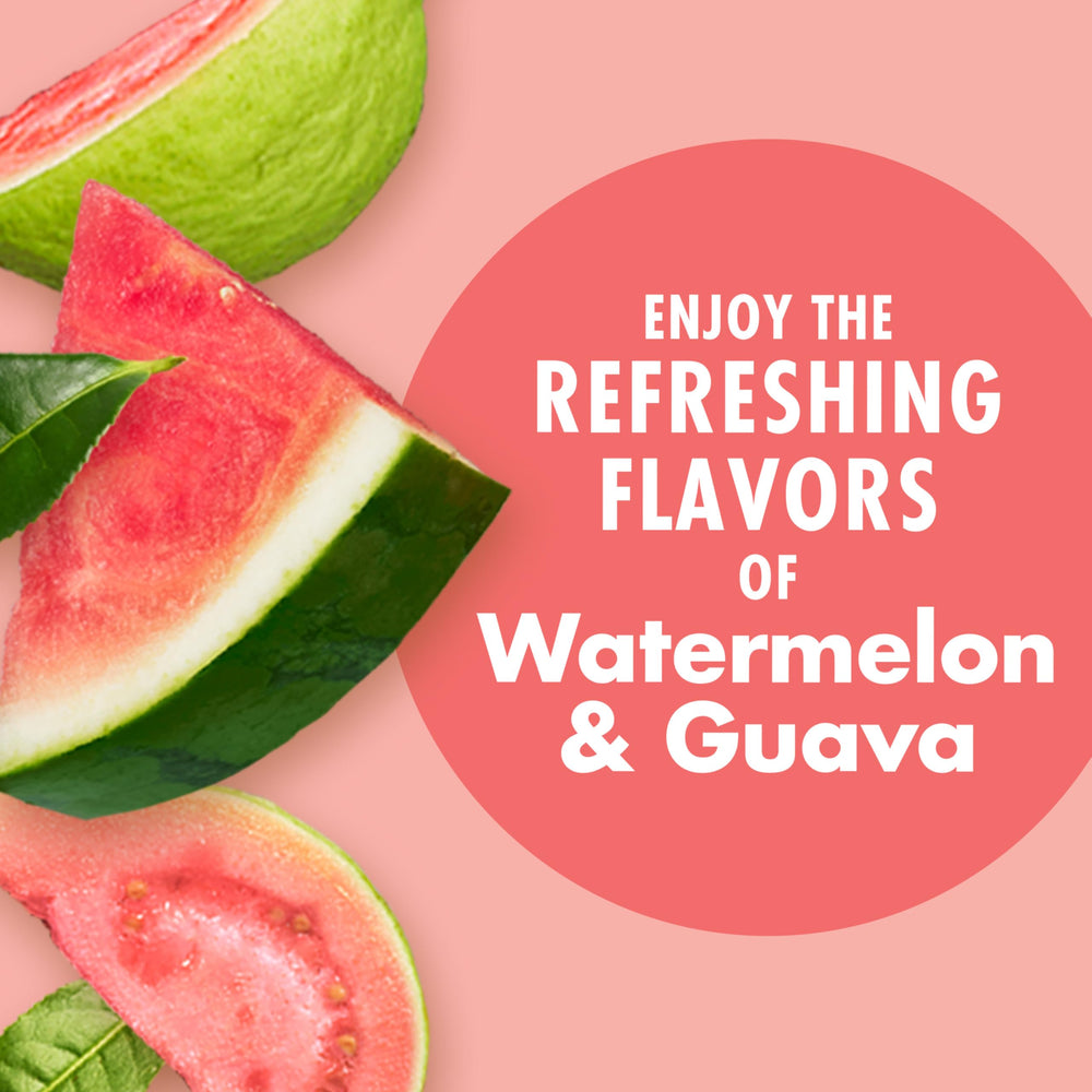Close-up of V8 Energy Watermelon Guava label highlighting non-GMO and caffeine