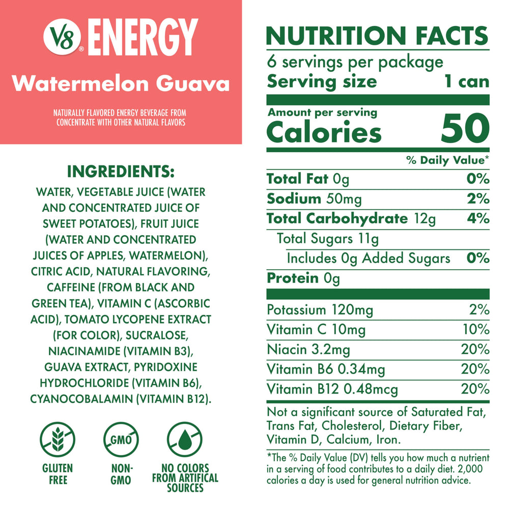 Pouring V8 Energy Watermelon Guava for a flavorful energy boost