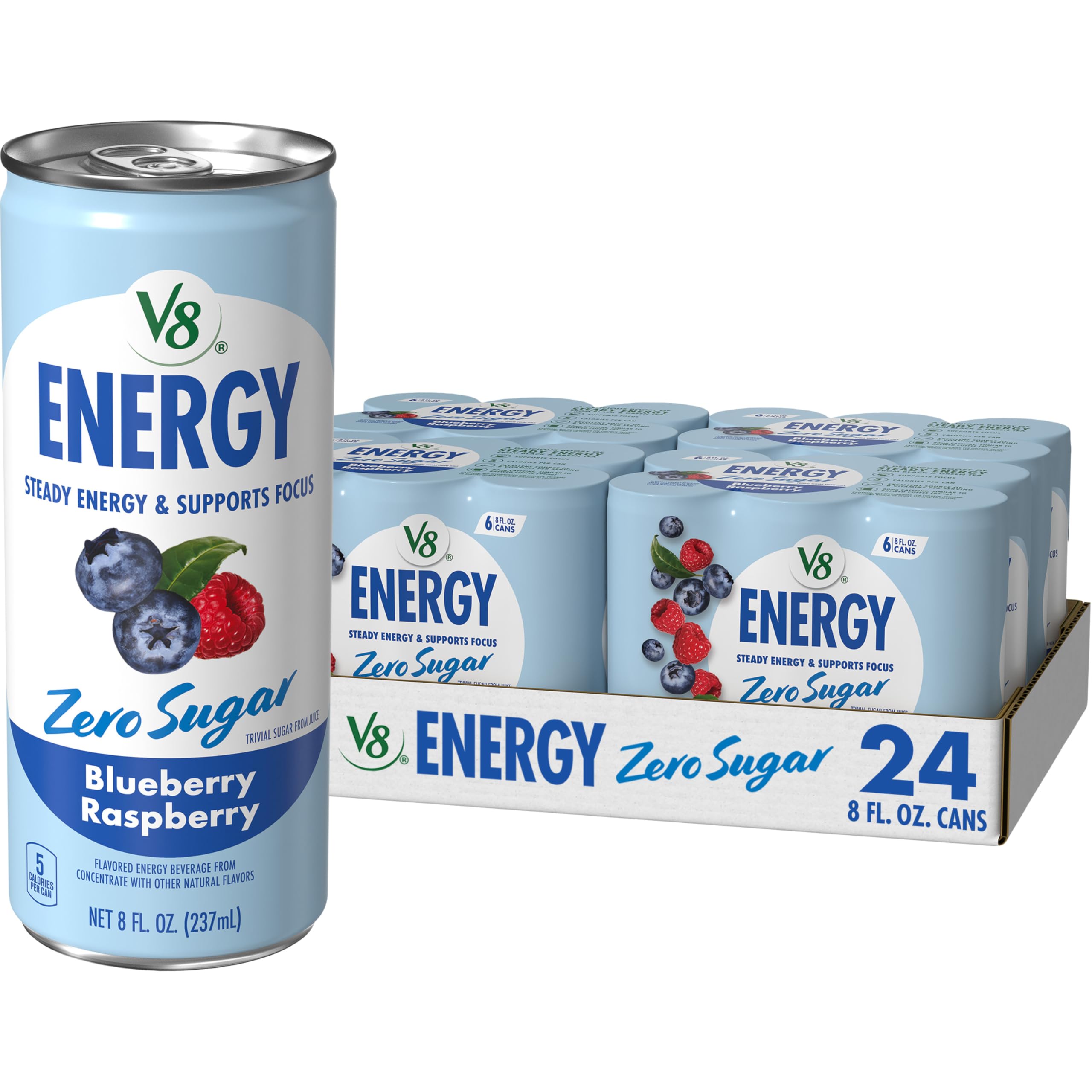V8 Energy Zero Sugar Blueberry Raspberry can front view, steady energy option