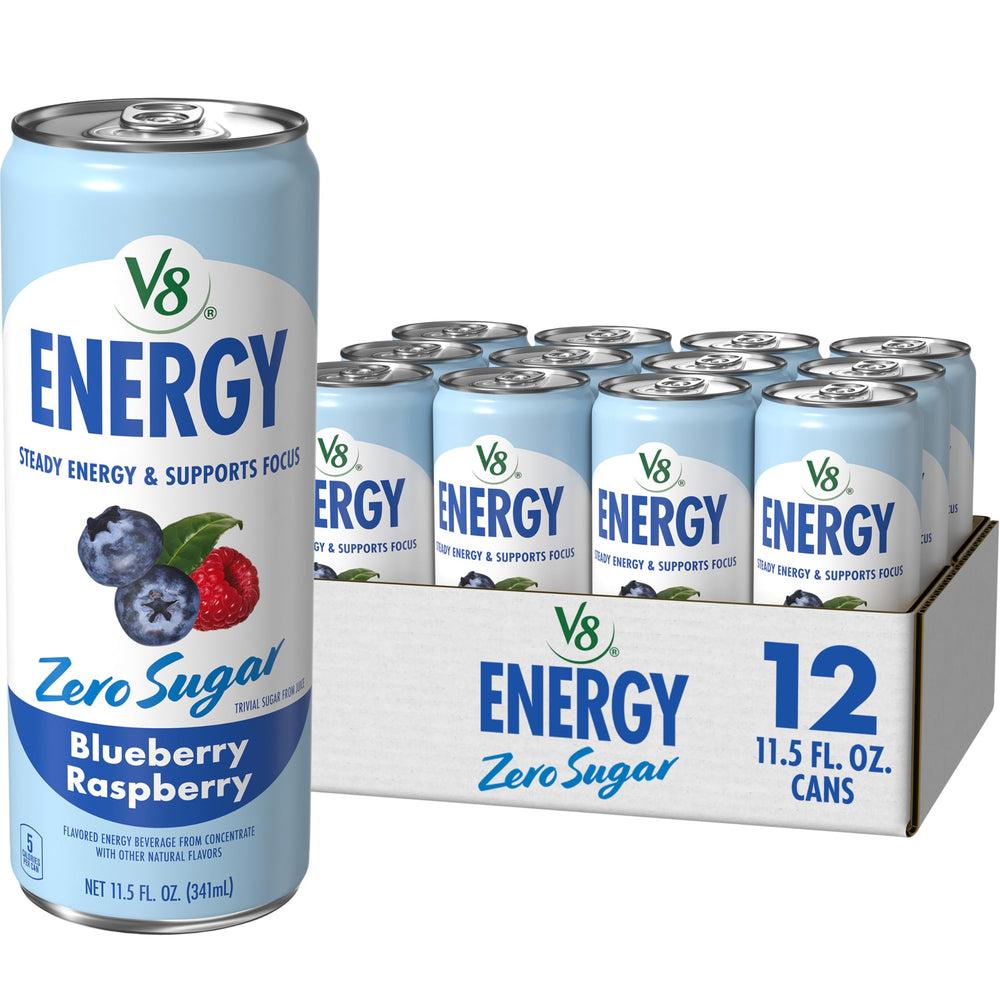 V8 Energy Blueberry Raspberry zero sugar can on a surface, refreshing lift.