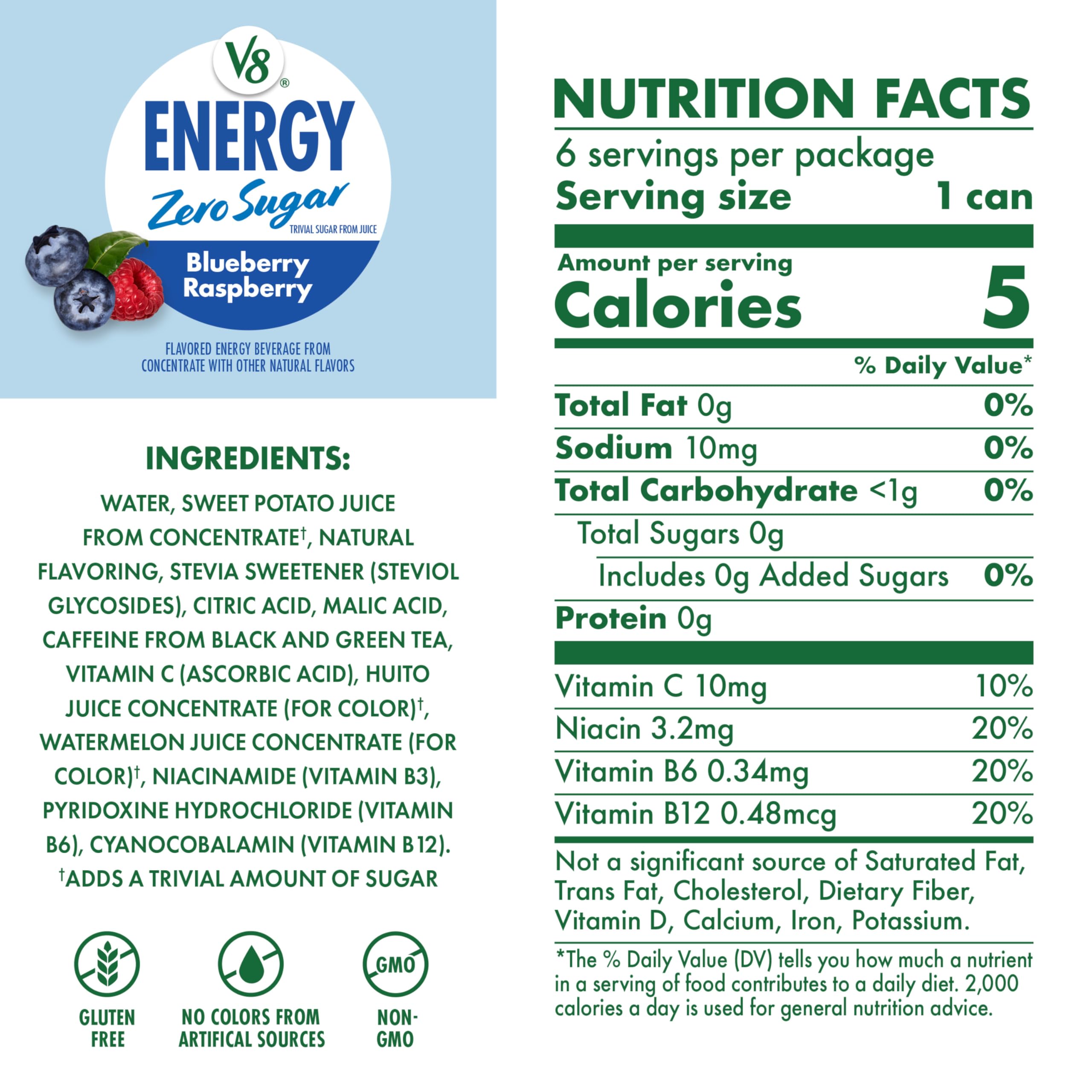 V8 Energy Zero Sugar Blueberry Raspberry cans stacked for convenient purchase