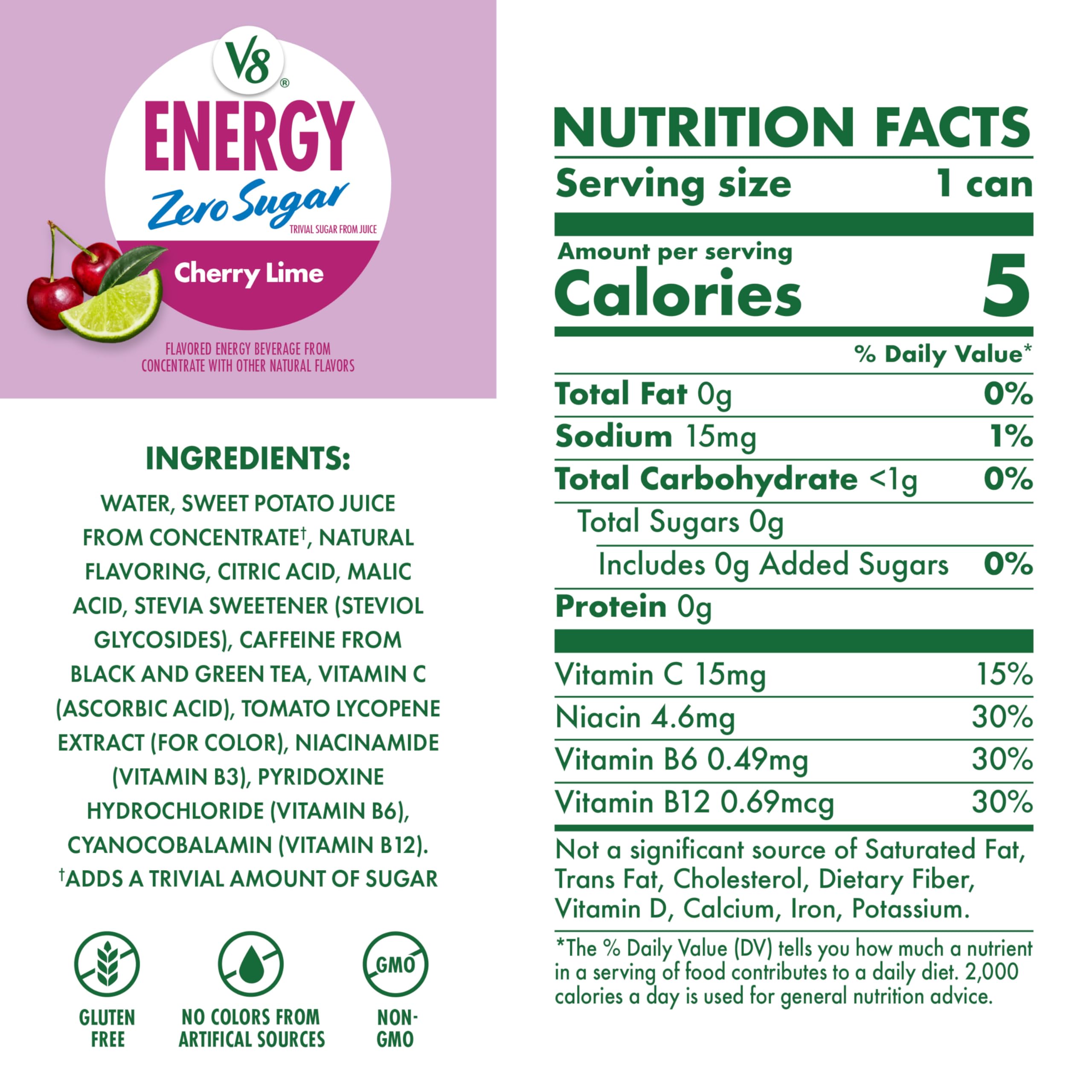 V8 Energy Cherry Lime can shining with 115 mg caffeine for focus.