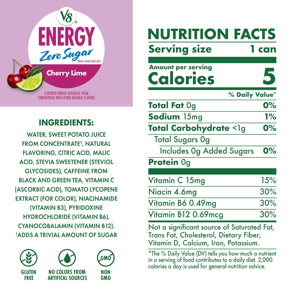 V8 Energy Cherry Lime can shining with 115 mg caffeine for focus.