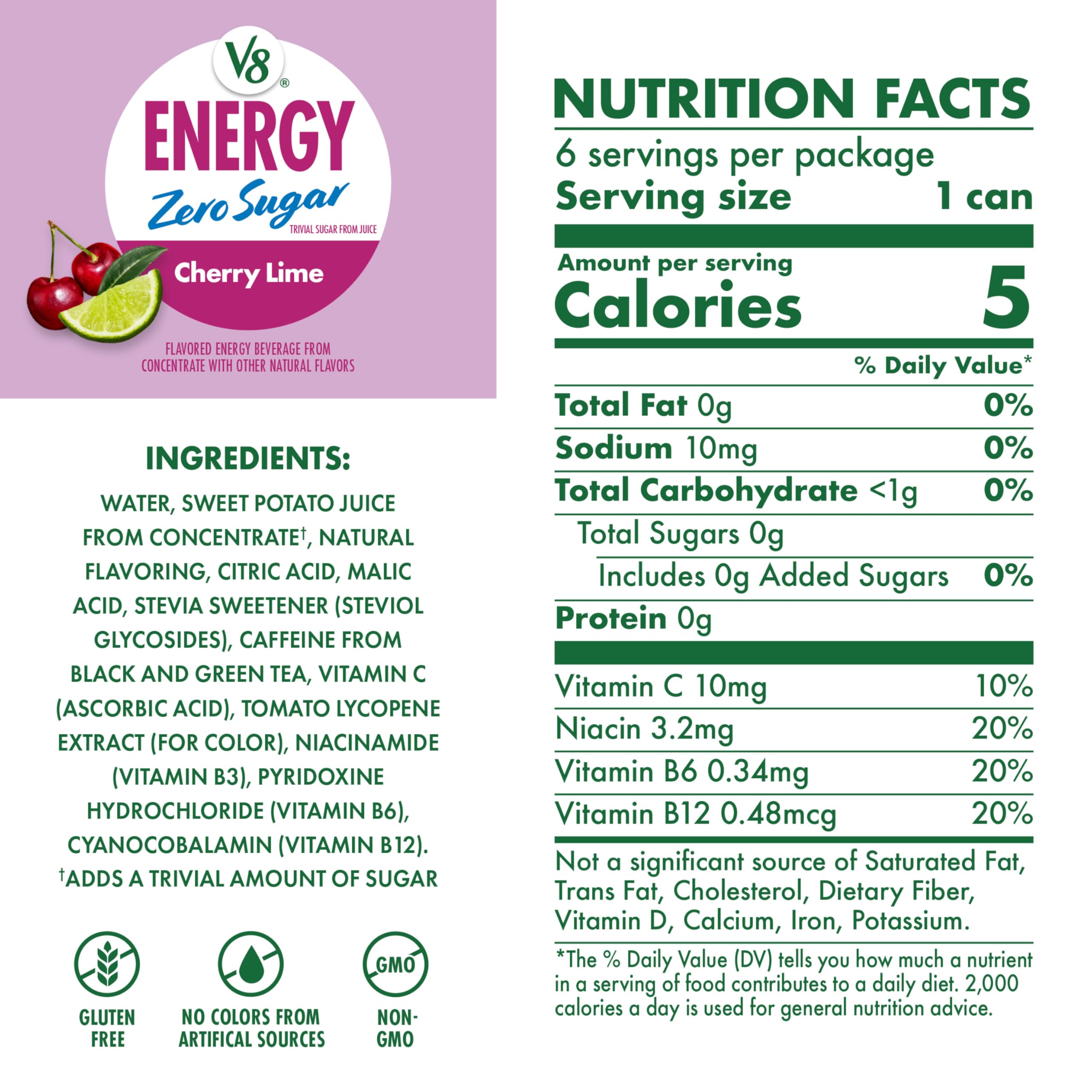 V8 Energy Zero Sugar Cherry Lime can back showing nutrition info and ingredients