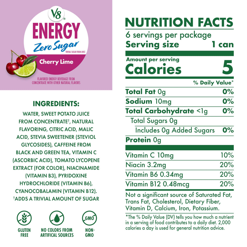 V8 Energy Cherry Lime close-up highlighting zero sugar and caffeine