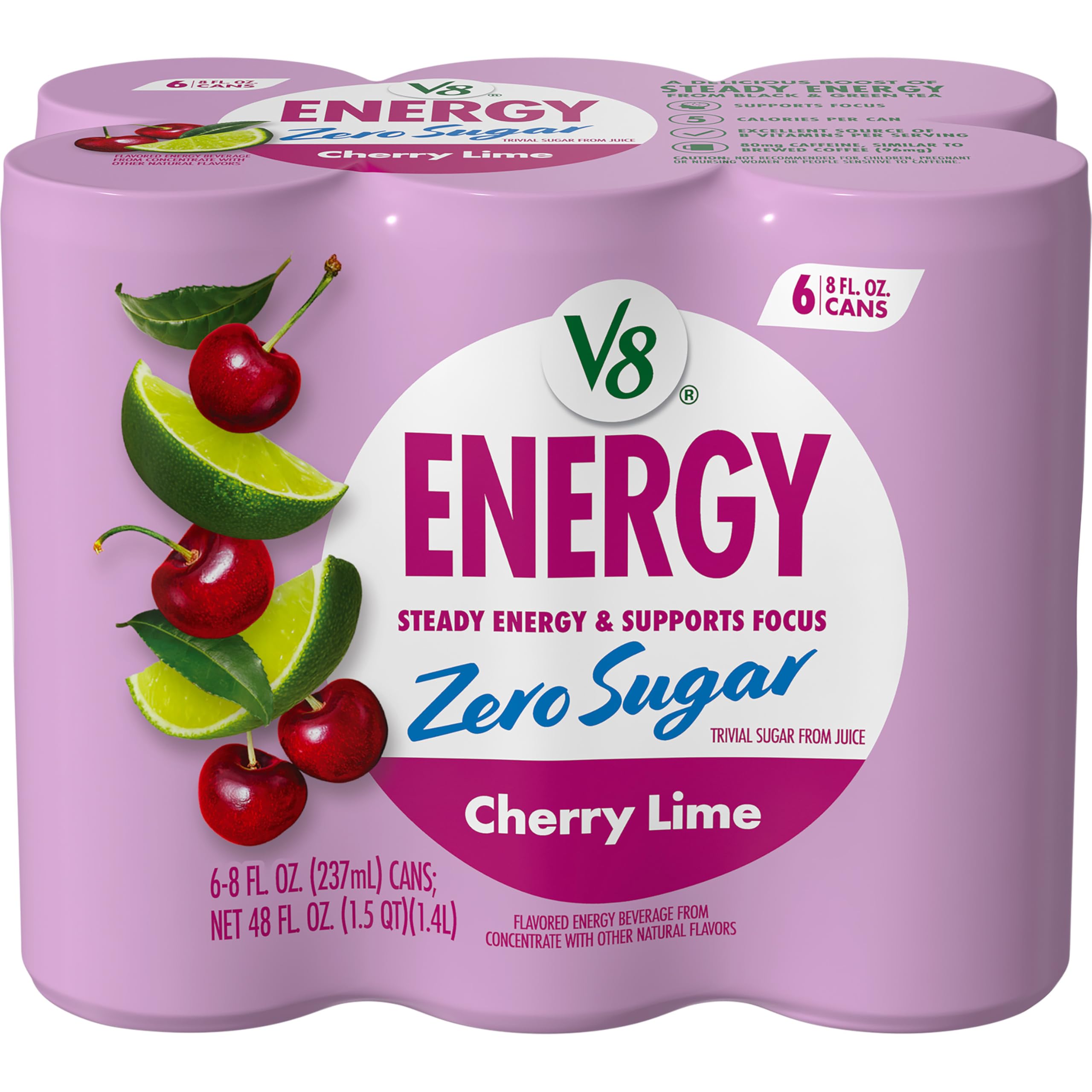 V8 Energy Zero Sugar Cherry Lime can front, crisp flavor and energized finish