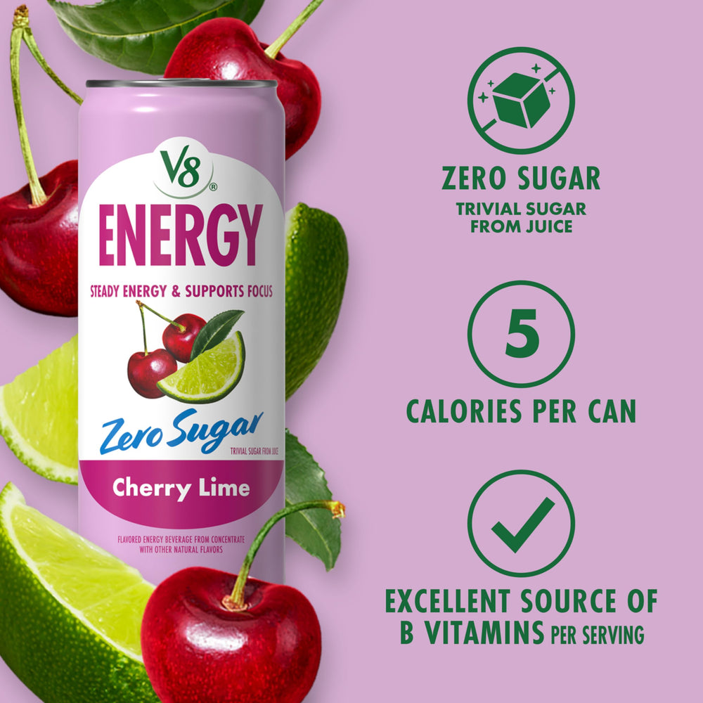 V8 Energy Zero Sugar Cherry Lime can stack for on-the-go hydration.