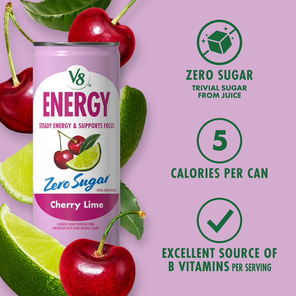 V8 Energy Zero Sugar Cherry Lime glass filled with drink for mocktail idea