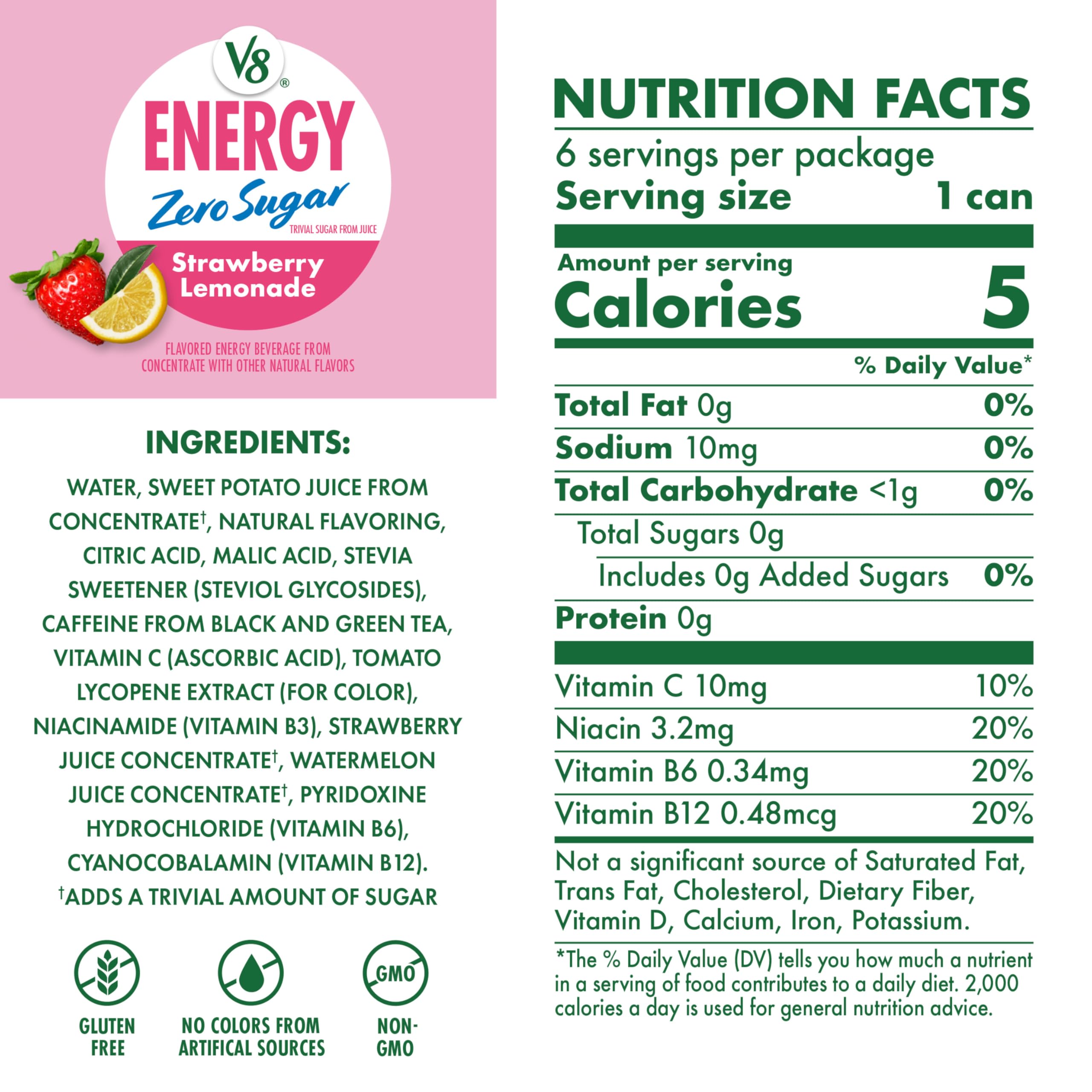 V8 Energy Zero Sugar Strawberry Lemonade can close-up highlighting caffeine and flavor label.