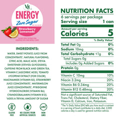 V8 Energy Zero Sugar Strawberry Lemonade can close-up highlighting caffeine and flavor label.