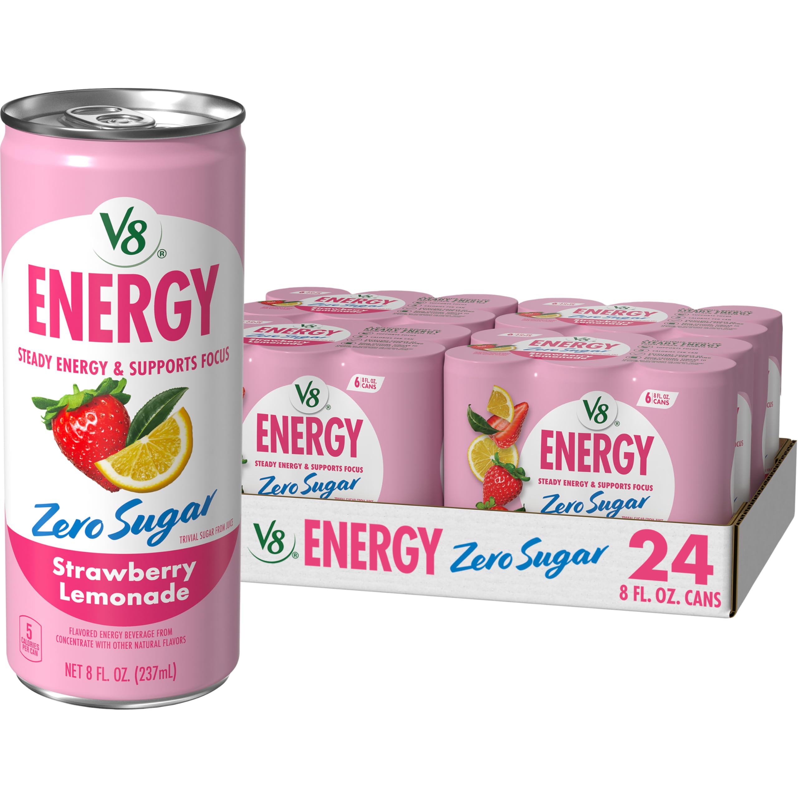 V8 Energy Zero Sugar Strawberry Lemonade can on display, ready for a quick pick-me-up.