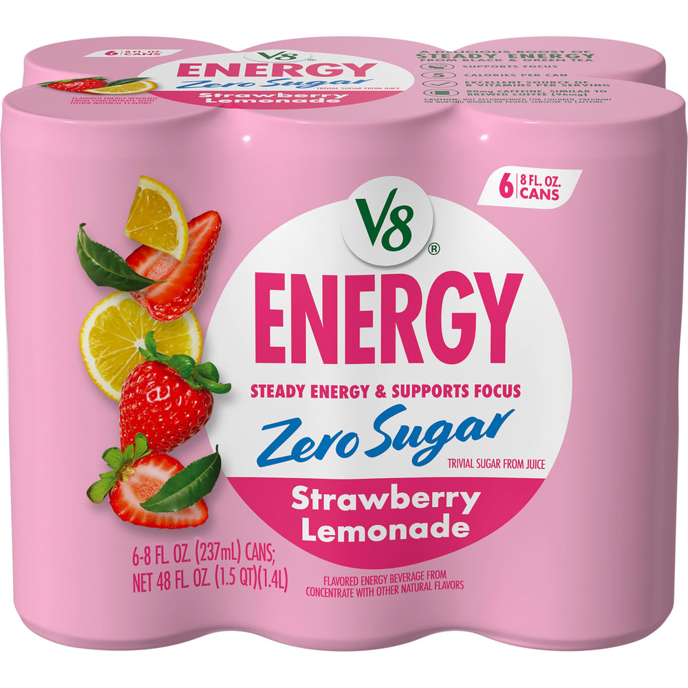 V8 Energy Zero Sugar Strawberry Lemonade can front showing zero sugar option and bold flavor.