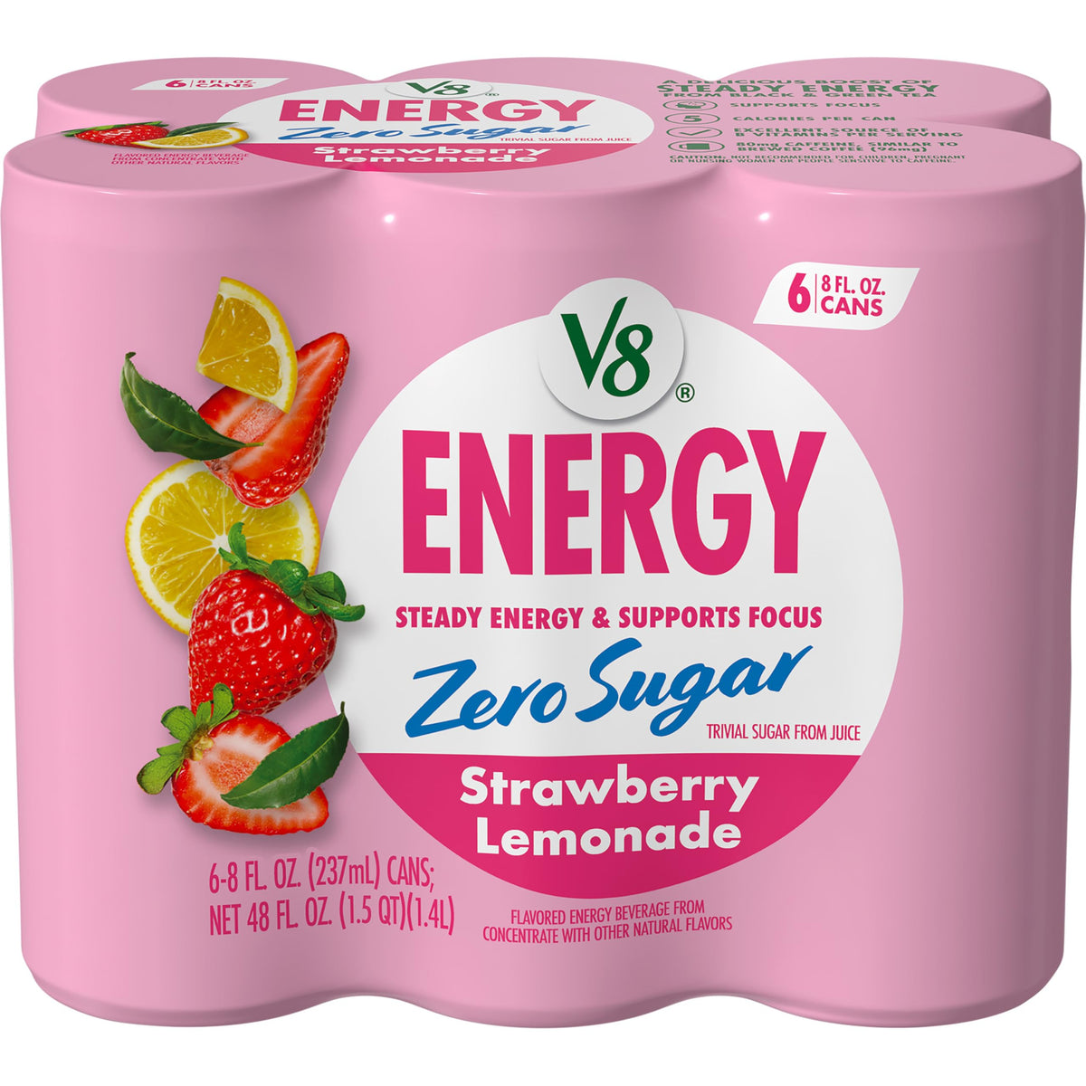V8 Energy Zero Sugar Strawberry Lemonade can front showing zero sugar option and bold flavor.