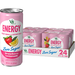V8 Energy Zero Sugar Strawberry Lemonade can on display, ready for a quick pick-me-up.
