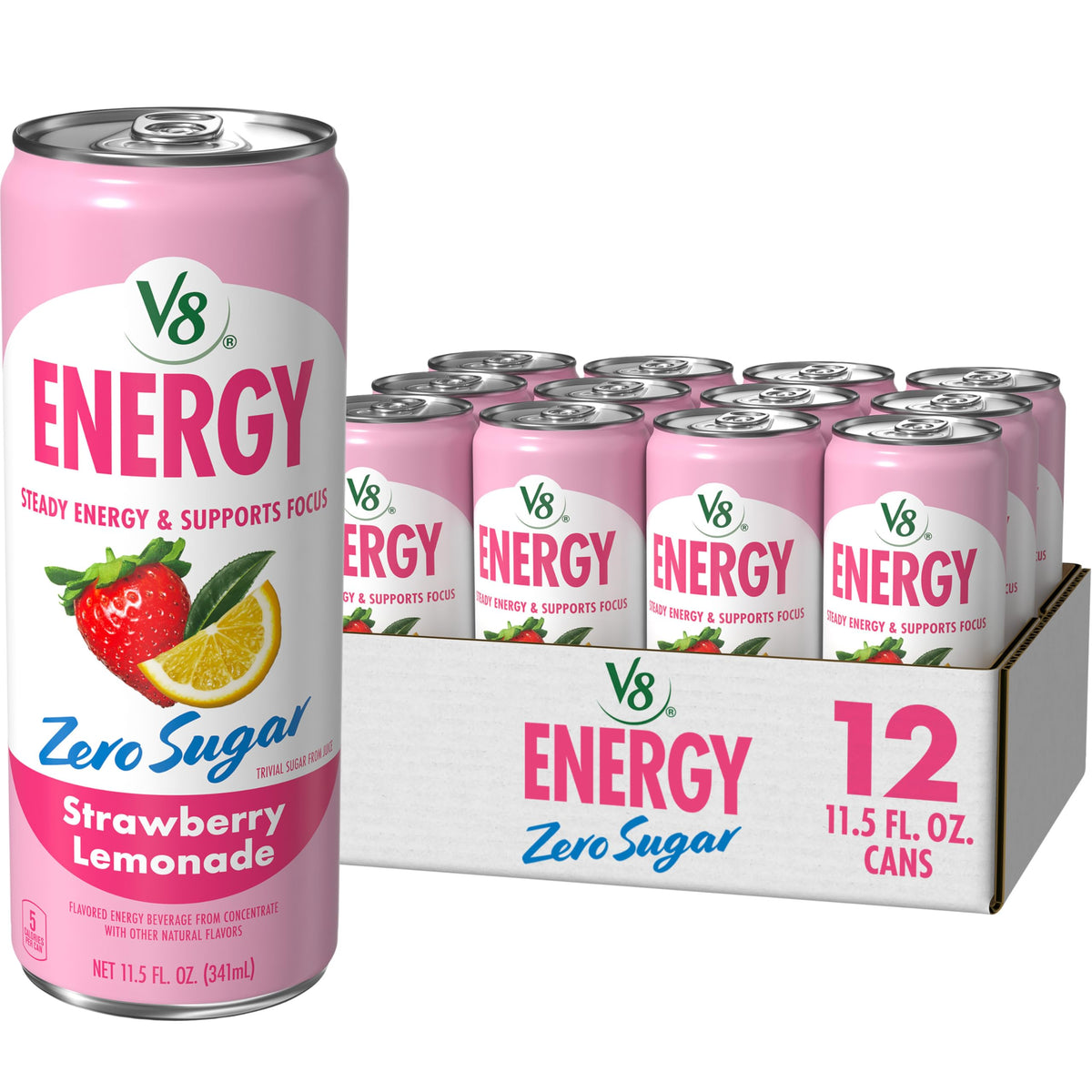 V8 Energy Zero Sugar Strawberry Lemonade cans lined up for a quick on-the-go energy boost