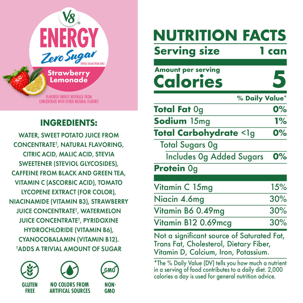 Close-up of a glass with V8 Energy Strawberry Lemonade for a refreshing, energizing moment