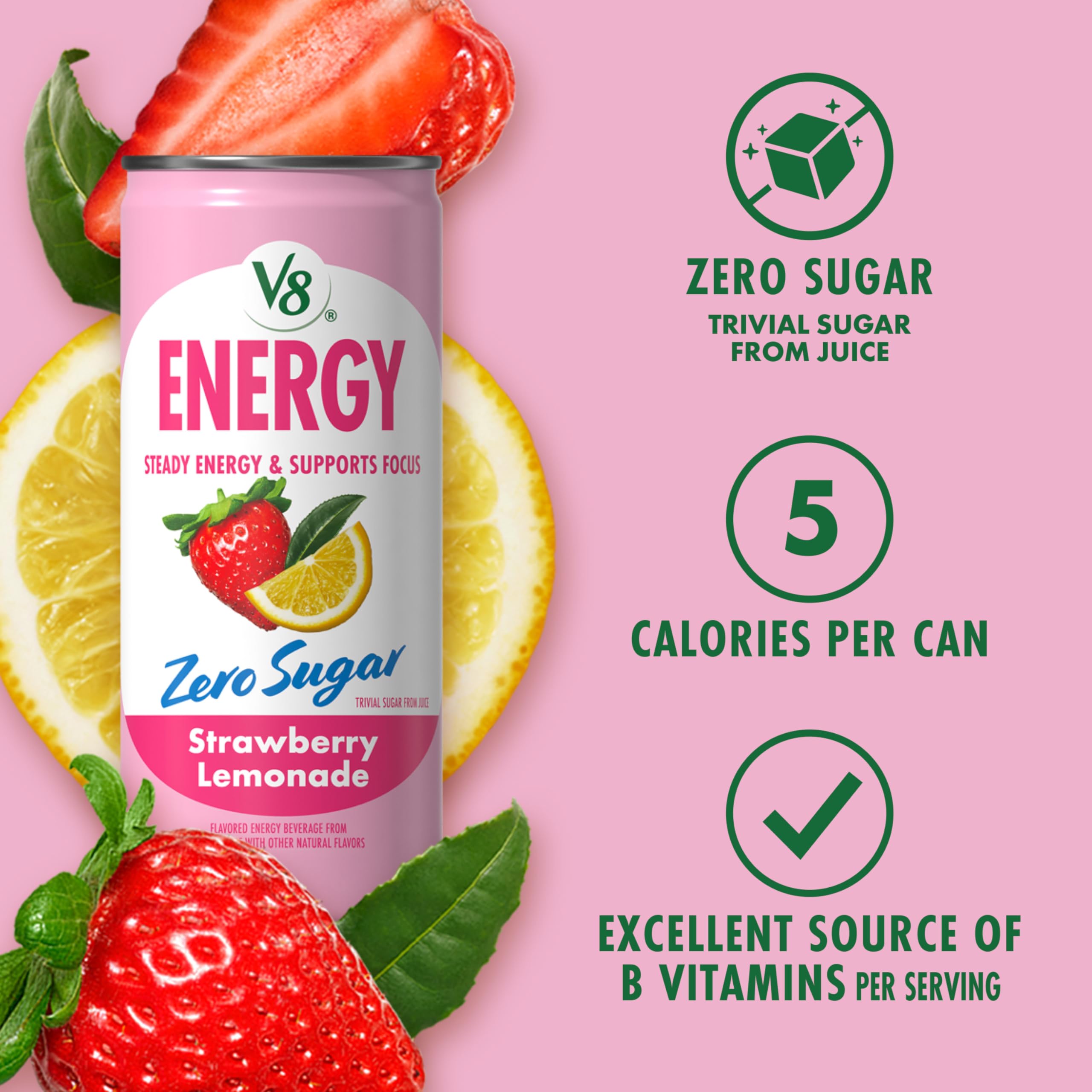 Glass with straw featuring V8 Energy Zero Sugar Strawberry Lemonade as a mocktail option.