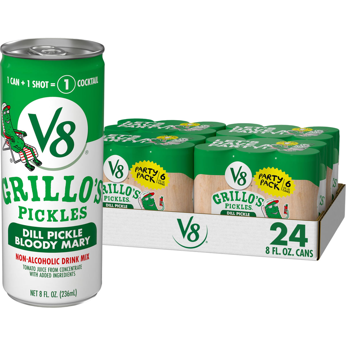 V8 Grillo's Pickles Bloody Mary mix can for quick cocktails.