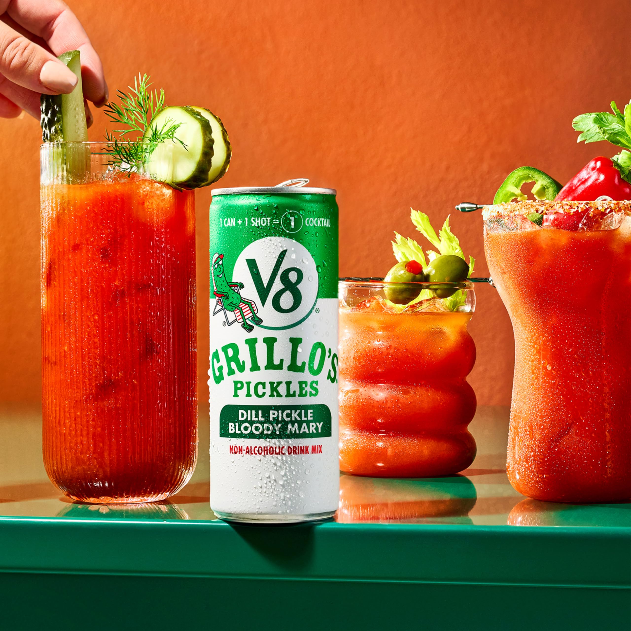 Close-up of tomato juice blend ingredients in V8 Grillo's Pickles mix.