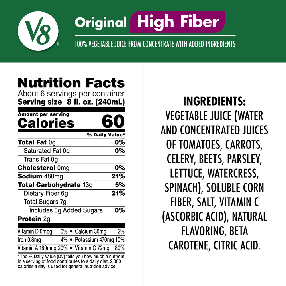 V8 High Fiber Original back label visible, gluten-free and no sugar added.