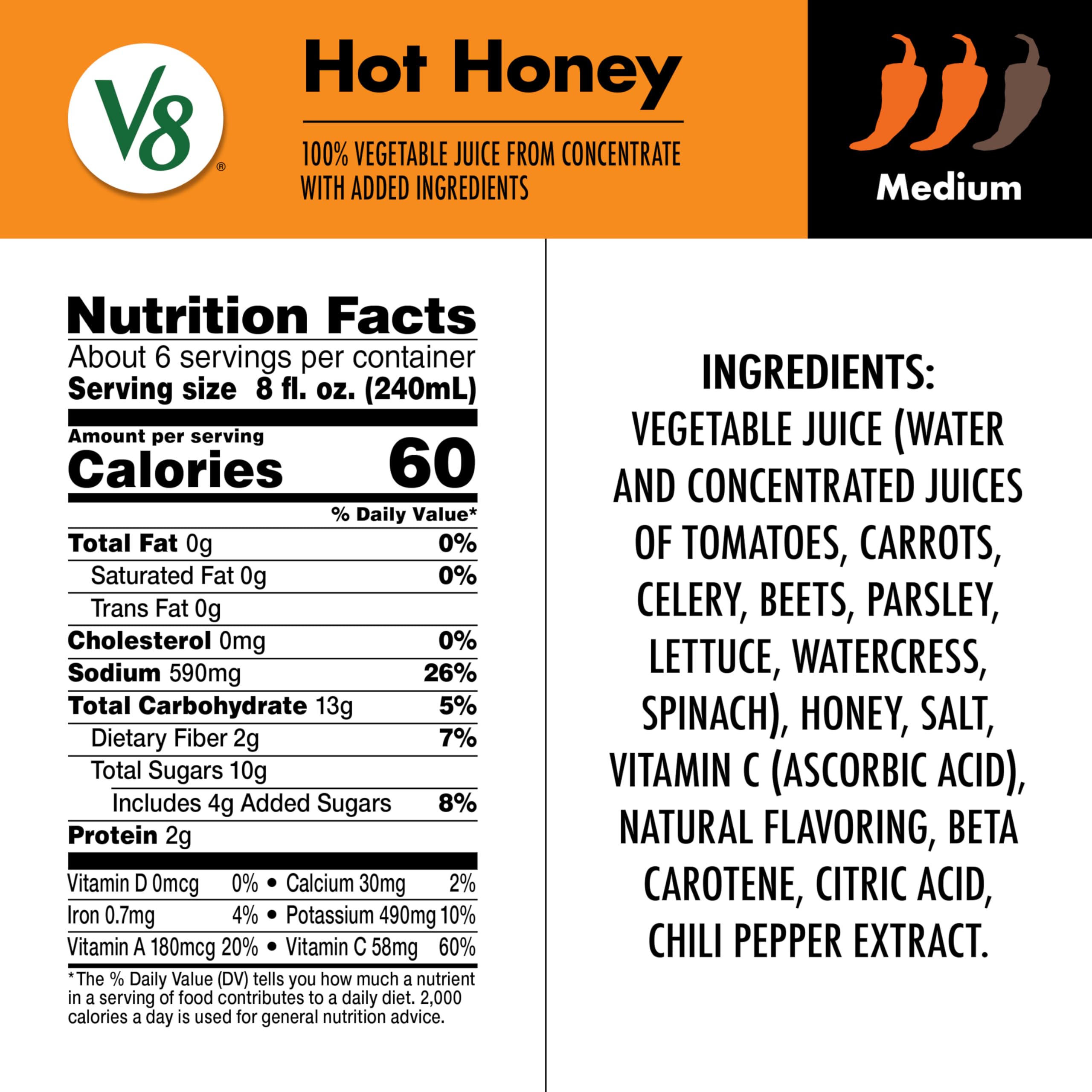 V8 Hot Honey glass serve for an enjoyable, refreshing veggie drink.