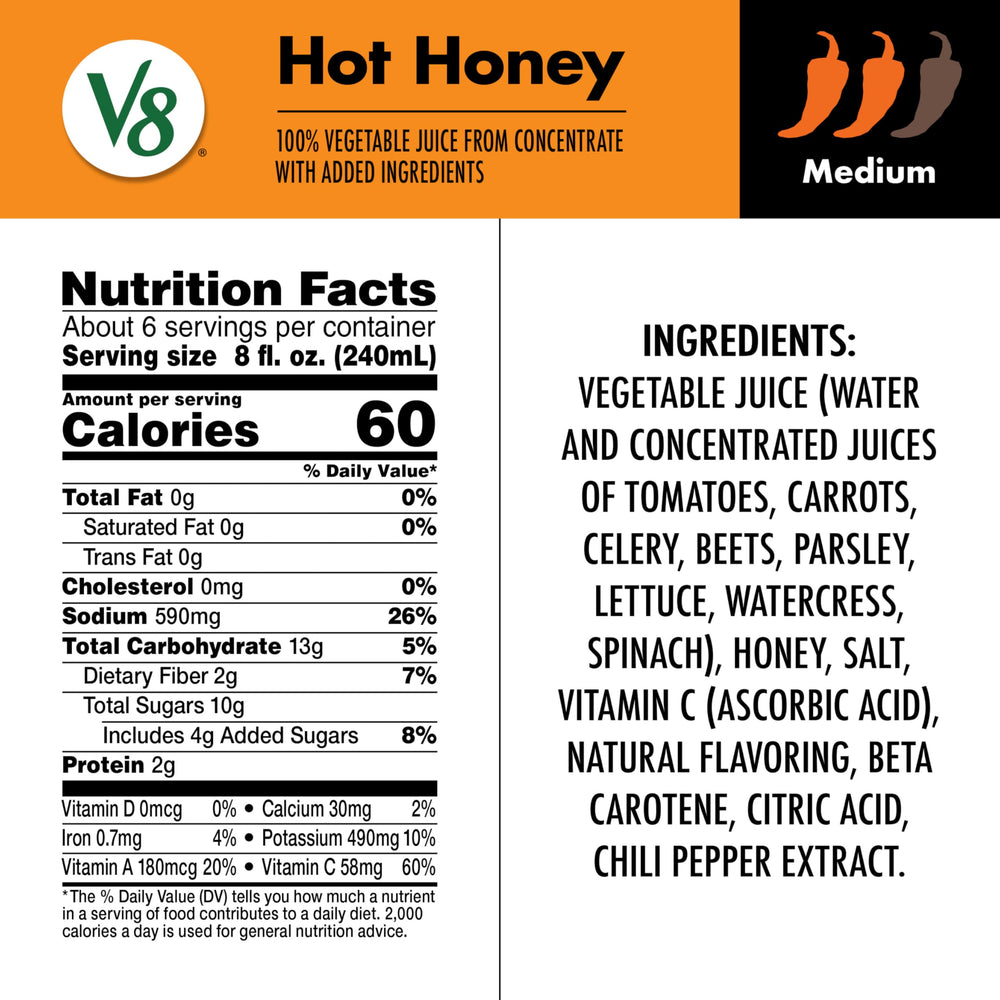 V8 Hot Honey glass serve for an enjoyable, refreshing veggie drink.