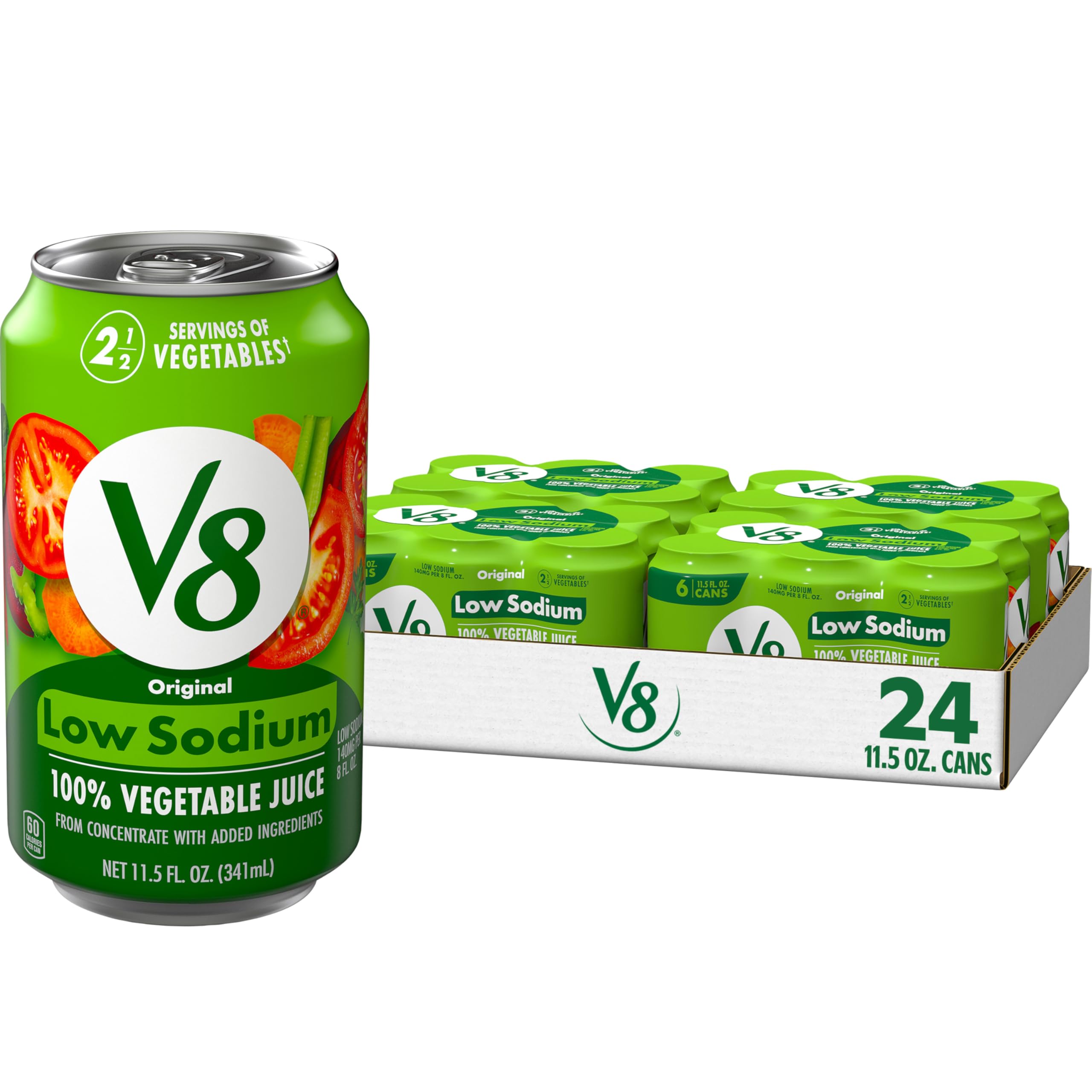 V8 Low Sodium Original can front view, convenient 24-pack for easy daily veggie boost