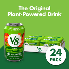 V8 Low Sodium ingredient close-up, tomato and vegetable blend for rich savory flavor