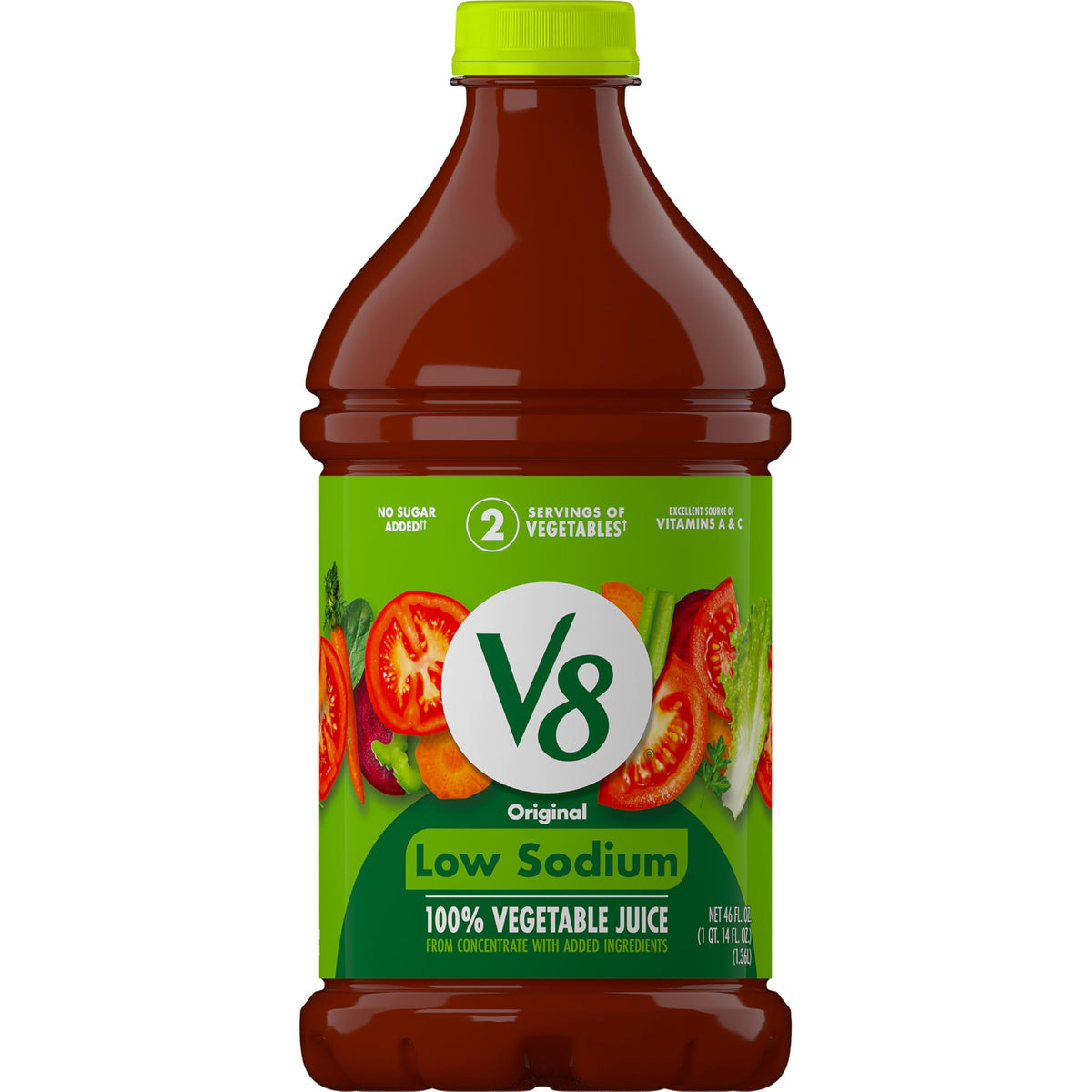 V8 Low Sodium Original Vegetable Juice bottle highlights savory flavor and veggie content for sipping