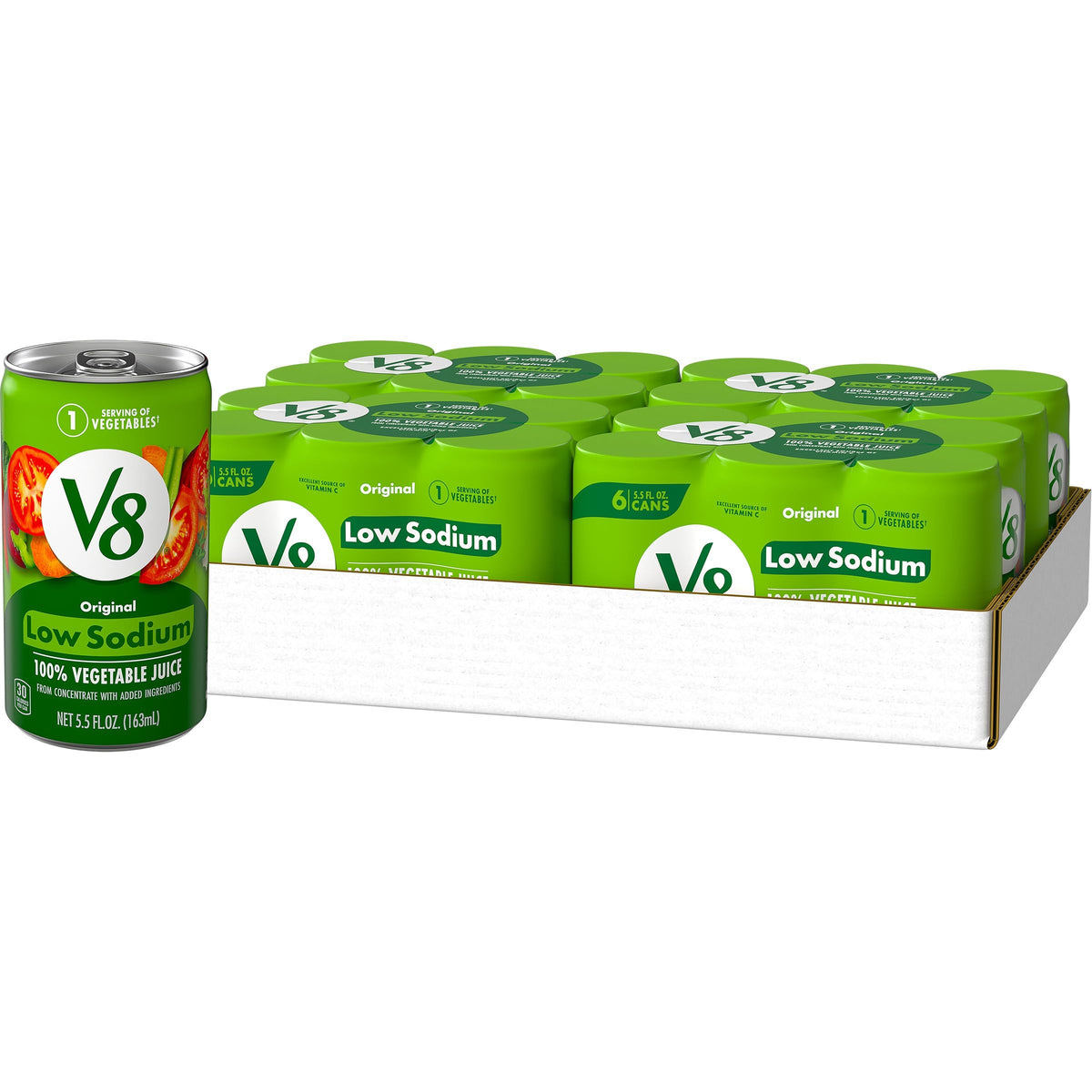 V8 Low Sodium Original Vegetable Juice can front view highlights an eight-vegetable blend.