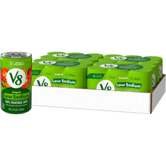 V8 Low Sodium Original Vegetable Juice can front view highlights an eight-vegetable blend.